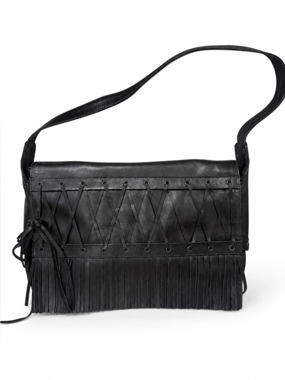 RARE 2002 Gianni Versace Fringe Lace Up Leather Shoulder Bag Donatella era Y2K
